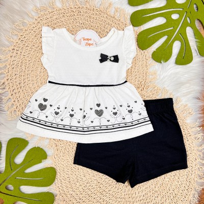 Conj. Batinha Lacinho com Corações e Short - Off White e Preto